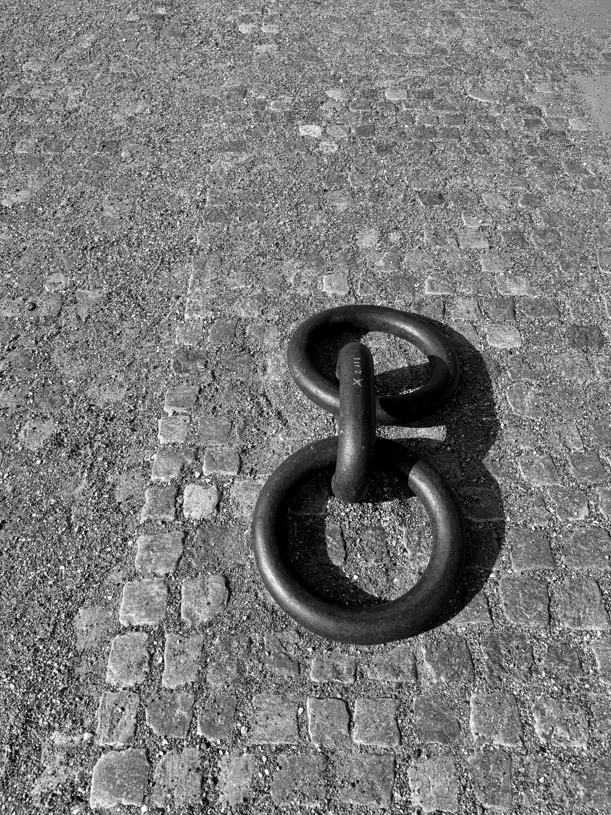 Iron mooring rings on a cobbled quay — black and white