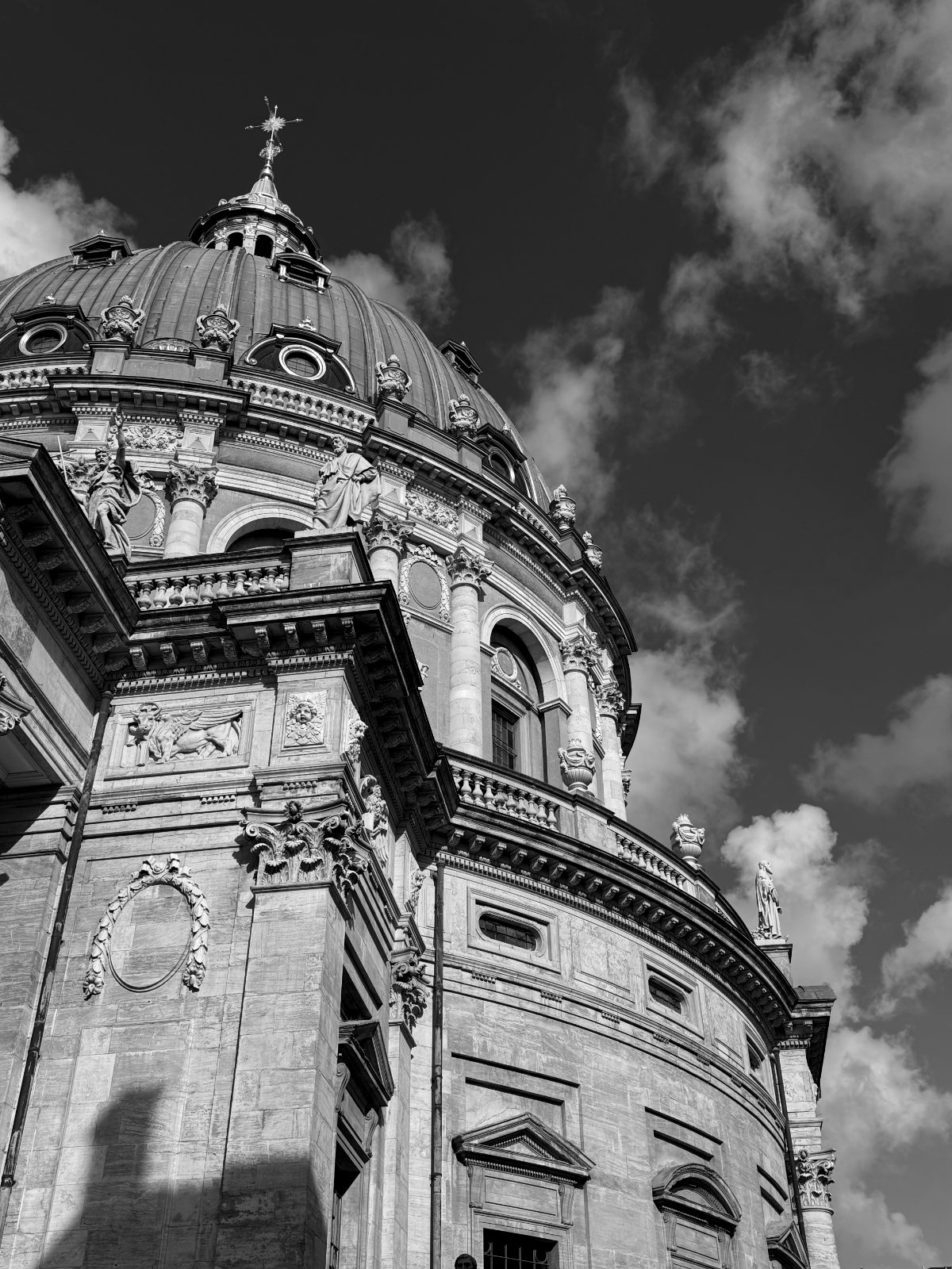 The dome of the Marble Church, Copenhagen — black and white