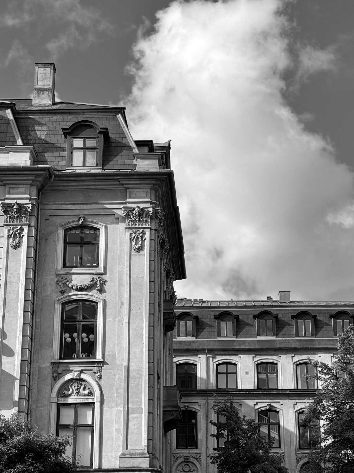 Ornamented facade in Copenhagen — black and white